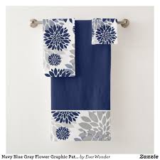 Navy Blue Gray Flower Graphic Pattern Bath Towel Set Zazzle Com Blue Bathroom Decor Navy Blue Bathroom Decor Patterned Bath Towels