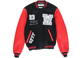 Black And White Varsity Jacket Off White Eagle Logo Leather Sleeve Varsity Jacket Black Red White In 2020 With Images White Bomber Jacket Varsity Jacket Jackets