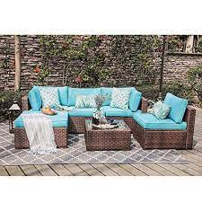 Oc Orange Casual 6 Piece Outdoor Patio Sectional Sofa Set Brown Wicker Furniture Set With Turquoise Seat Cushions Tempered Glass Coffee Table Patio Sectional Outdoor Wicker Furniture Wicker Furniture