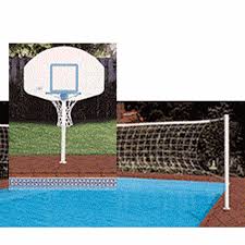 Volleyball net spans 16' to 22'. Patio Store Swimming Pool Deck Mounted Basketball Volleyball Combo