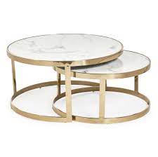 The best coffee tables come in multiples—these nesting options are proof. Nest Of Round White Marble Coffee Tables With Gold Frame Set Of 2 Grosvenor Furniture