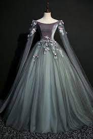 green gray tulle long sleeve a line evening dress long velvet prom dress prom dresses long with sleeves prom dresses with sleeves prom dresses vintage