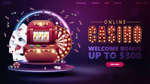 Online casino welcome bonus banner for website with button purple neon  casino roulette neon slot machine neon playing cards and poker chips on  pink podium | Premium Vector