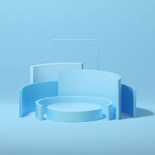 Illustration about white product display or podium stand on pink background with advertising banner. 3d Rendering Of Geometrical Podium On Blue Background 3d Rendering Geometric Backdrop Design