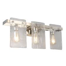 Often with contemporary vanity lights, there is little direct water contact, so choosing vanity lighting listed as ul or etl (for damp locations) will suffice. Eglo 203993a Polished Nickel Wolter 3 Light 24 Wide Bathroom Vanity Light With Water Glass Shades Lightingdirect Com