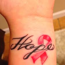 Boxing gloves to show strength, a pink ribbon for breast cancer awareness, a butterfly to symbolize hope, and flowers to communicate love and softness. Cancer Hope Tattoos
