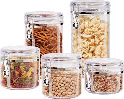Use our bliss acrylic canisters to keep your bathroom countertops beautifully organized. Amazon Com Oggi 5pc Clear Canister Set With Clamp Lids Airtight Containers In Sizes Ideal For Kitchen Pantry Storage Of Bulk Dry Foods Including Flour Sugar Coffee Rice Tea Spices Herbs
