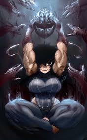 the golden smurf, ramia (ramia-yana), ramia-yana, ornament, highres, 1girl,  abs, armor, aura, bandages, belt, black hair, breasts, clone, crossed legs,  gloves, gold, hair over one eye, helmet, large breasts, long hair, looking