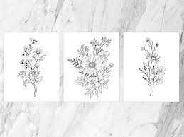 Black And White Flower Wall Art 3 Piece Black White Flower Wall Art Digital Download Etsy In 2020 Flower Drawing Wildflower Drawing Botanical Wall Art