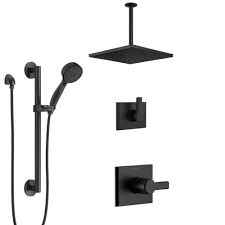 Delta Pivotal Matte Black Finish Modern Angular Shower System With Diverter Large Rain Ceiling Mount Show In 2021 Black Shower Faucet Shower Grab Bar Modern Grab Bars