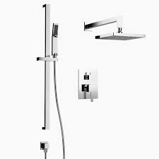 A beautiful minimal shower design that's surrounded by glass and has a river rock flooring. Two Function Shower Set With A Large And Modern Square Shower Head And A Minimalist Adjustable Handheld Shower Shower Set Shower Systems Modern Shower