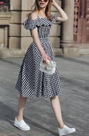 Simple Easy But Pretty Dress Look Check The Black Checkerboard Fold Over Cold Shoulder Dress Here And More Dresses Here Casual Dress Fashion Fashion Dresses