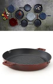 Essenso Convex Curved Base Cast Iron Grill Pan With 4 Layer Enamel Coating Induction Compatible A A 11 8 Red B Cast Iron Grill Pan Cast Iron Grill Cast Iron