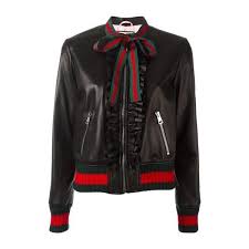 Gucci Black And Web Ruffle Bomber Jacket Found On Polyvore Featuring Outerwear Jackets Coats Jack Black Bomber Jacket Bomber Jacket Leather Bomber Jacket
