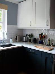 Clients using a relay service: Light Grey Dark Navy Blue Charcoal Kitchen Units Shaker Style White Upper Cabinet Subway Tiles Quartz Bianco C Trendy Kitchen Tile Kitchen Cabinets Kitchen