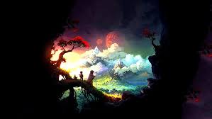 Hd Wallpaper Mountain And Clouds Digital Wallpaper Two Anime Character Standing On Wood Branch Facing Mountain And Red Moon Illustration Wallpaper Flare This blog, inspired by the famous animation backgrounds blog, will be a place to appreciate and be inspired by the amazing background art in animation. hd wallpaper mountain and clouds