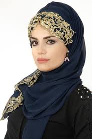 Aise Tesettur Lacivert Gold Islemeli Gupurlu Hazir Sal 1 Sal Guzel Turban Kizlar