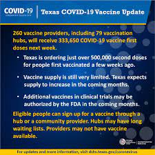 You will be notified by email or text when and where to get the vaccine. More Than 333 000 Covid 19 Vaccine Doses Will Be Shipped Across Texas This Week Health Officials Say