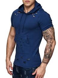 Nice Slim Fit Muscle Fitted Ripped Hooded T Shirt