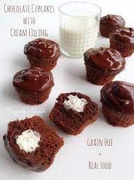 Chocolate Cupcakes With Cream Filling Grain Free Gluten Free Nut Free Delicious Obsessions Real Food Recipes Grain Free Cupcakes Paleo Sweets