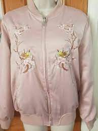 Stunning Blush Pink Primark Embroidered Oriental Birds Satin Bomber Jacket Jackets For Women Bomber Jacket Women