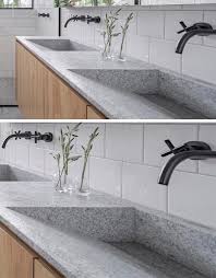 Grey granite and grey marble. Here S A Close Look At A Bright Bathroom With A Material Palette Of Wood Granite And Black Accents