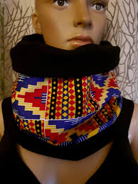 FAST SHIPPING Snood Neck Warmer, Black Fleece Scarf and African Kente Wax