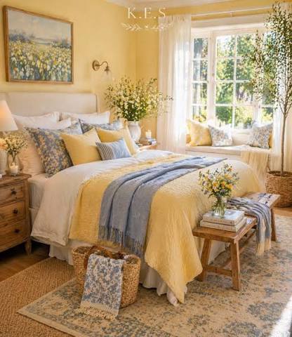 Soft doesn't mean sleepy. 🤎💙 This cozy bedroom features layered white bedding, blush and blue accents, floral pillows, botanical wall art, and soft natural light, creating a timeless, elegant space that feels