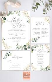 Faux Gold Foliage Wedding Invitation Template Printable Etsy Bohemian Wedding Invitations Greenery Wedding Invitations Wedding Invitations Diy