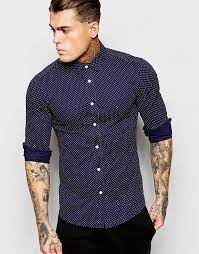 Asos Skinny Shirt In Polka Dot Print With Long Sleeves - Navy Asos Shirts Til Herrer - Modedagen Skinny Shirts Shirts Mens Sleeve