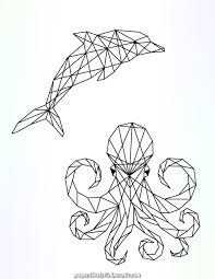 Black And White Geometric Animal Drawings Dauphin Et Pieuvre A Colorier Picture Polygonal Pour Imprimer Geometric Drawing Polygon Art Geometric Animals