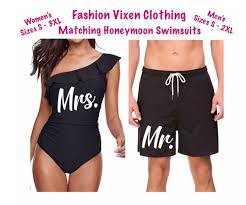 Black And White Bathing Suits Honeymoon Bride Groom Mr And Mrs Matching Black And White Etsy In 2020 Bride Bathing Suit White Bathing Suit Honeymoon Swimsuit