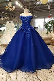 Ball Gown Off The Shoulder Corset Beaded Flowers Lace Royal Blue Wedding Dress Blue Evening Dresses Ball Dresses Quinceanera Dresses Blue