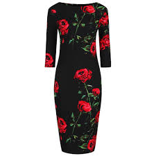 1940s Black And Red Rose Floral Print 3 4 Sleeve Bodycon Pencil Wiggle Dress Bodycon Floral Dress Women S Fashion Dresses Cheap Bodycon Dress