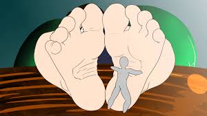 animated, animated gif, 1boy, 1girl, antarmored, barefoot, breasts, brown  hair, cum, domination, ejaculation, english text, feet, footjob, giant,  giantess, green eyes, long hair, looking at another, mole, mole above  mouth, size difference,