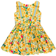 Vestido estampado loros y mariposas, con doble volante en bajo vestido en tul superpuesto. Badum Badero Vestido Nina Vuelo Estampado Flores Loros Amarillo Missbaby