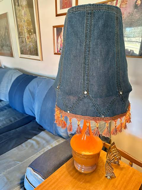 Upcycled denim lampshade from old skirt and curtain