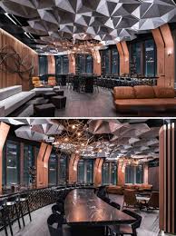 Hexagonally Shaped Ceiling Coffers Help Dampen Sound In This Restaurant Modern Restaurant Modern Restaurant Design Interior Design Degree