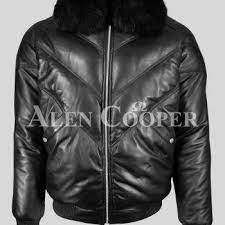 Men S Puffy V Bomber Leather Jacket With Detachable Fox Fur Collar Leather Bomber Jacket Leather Jacket Leather Chukka Boots