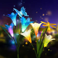 Solar Garden Lights Outdoor New Version Ccjk 2 Pack Solar Stake Lights With 6 Lily Flower Butterfly Decorative Lights Color Changing Led Garden Lights For Path Yard Patio Decorations White Blue The Latest