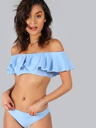 Shop Off Shoulder Bardot Ruffle Swimsuit Light Blue Online Shein Offers Off Shoulder Bardot Ruffle Swimsuit Light Blue More Swimsuits Bardot Bikini Bikinis