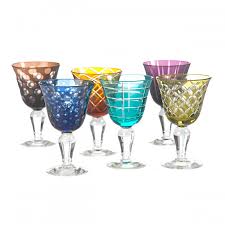 Beautiful set of 2 wine glasses with delicate hand painted hearts and dots in blue and pearly whie color. 6 Assorted Colored And Geometric Pattern Wine Glasses Au Bain Marie