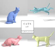 Printable Diy Template Pdf Cats Set Low Poly Paper Model Templates 3d Paper Sculpture Origami Papercraft Cardboard Animals Paper Models Paper Sculpture