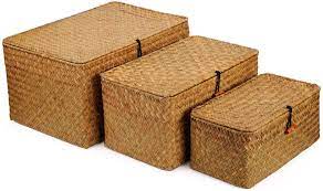 (2)stylish, sturdy brown willow and cattail , removable & washable white fabric liner. Amazon Com Dokot Woven Wicker Storage Bins With Lid Seagrass Basket For Shelf Organizer Extra Large Set Of 3