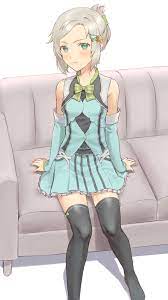 tanabe rf, lucy (rune factory), rune factory, rune factory 5, commentary  request, highres, 1girl, bare shoulders, black thighhighs, blue dress, blue  sleeves, blush, bow, breasts, closed mouth, couch, detached sleeves, dress,  earrings,