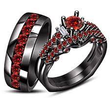 Men S Women S Trio Engagement Ring Set Red Garnet Black Gold Plated 925 Silver Wedding Ring Trio Sets Wedding Rings Engagement Wedding Ring Sets