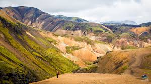 Iceland green fields yellow river location. Landmannalaugar Icelandic Highlands Arctic Adventures