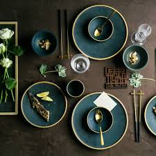 Ceramic Gold Inlay Plates Steak Food Dish Nordic Style Retro Tableware Bowl Ins Dinner Plate Ceramic Dinnerware Set Tableware Design Green Dinnerware