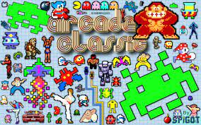 Classic retro arcade design with clouds and brick. Arcade Classic Wallpaper Classic Wallpaper Vintage Video Games Wallpaper