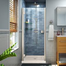 Dreamline Lumen 42 In X 72 In Semi Frameless Hinged Shower Door In Brushed Nickel With 42 In X 32 In Base In Biscuit Shower Doors Bathroom Shower Doors Shower Enclosure